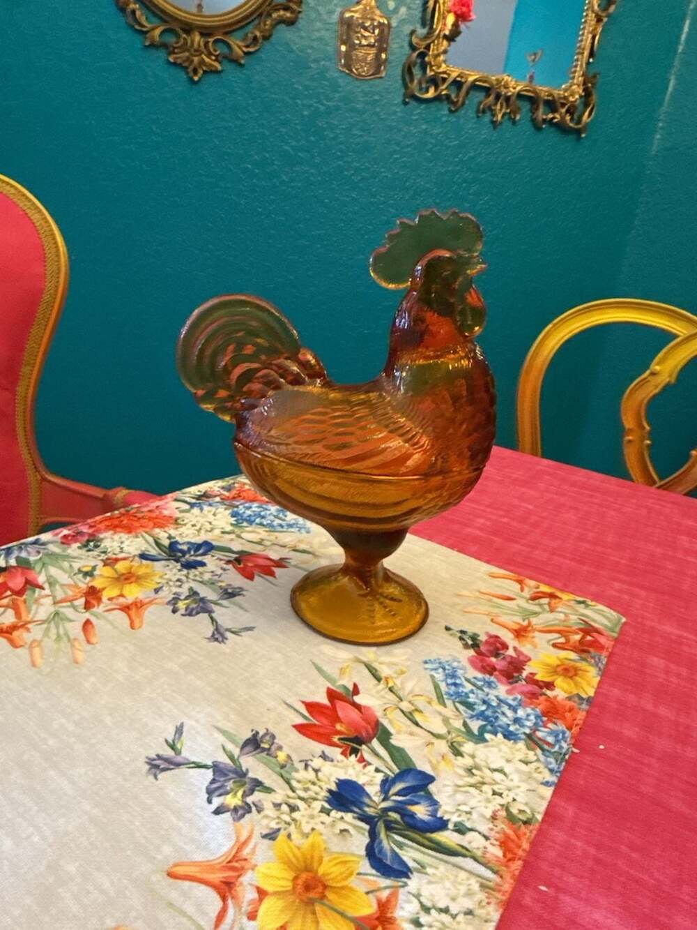 Vintage L.E. Smith Amberina Glass Standing Rooster Lidded Candy Dish Pedestal